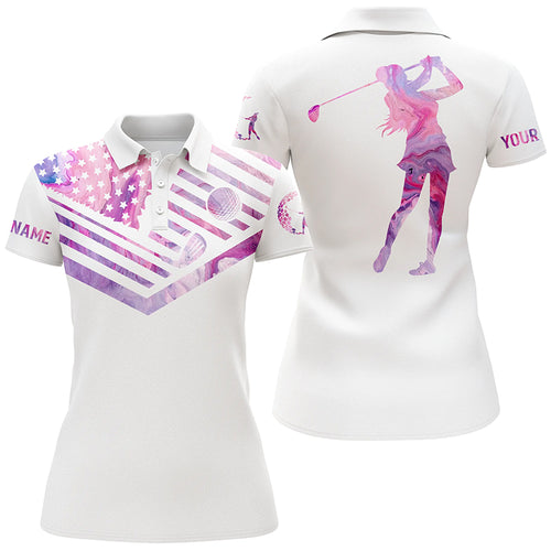 Womens golf polo shirt pink marble American flag custom name white golf shirt NQS3741