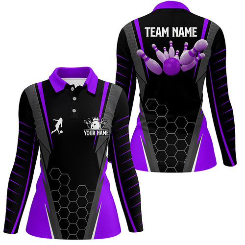 Black Women's Polo Bowling Shirt Custom Name Ladies Bowlers Jersey, team bowling outfits | Purple NQS6132