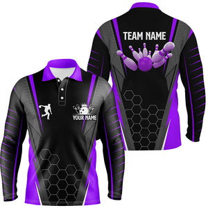 Black Men's Bowling polo Shirt Custom Name mens Bowlers Jersey, team bowling outfits | Purple NQS6132