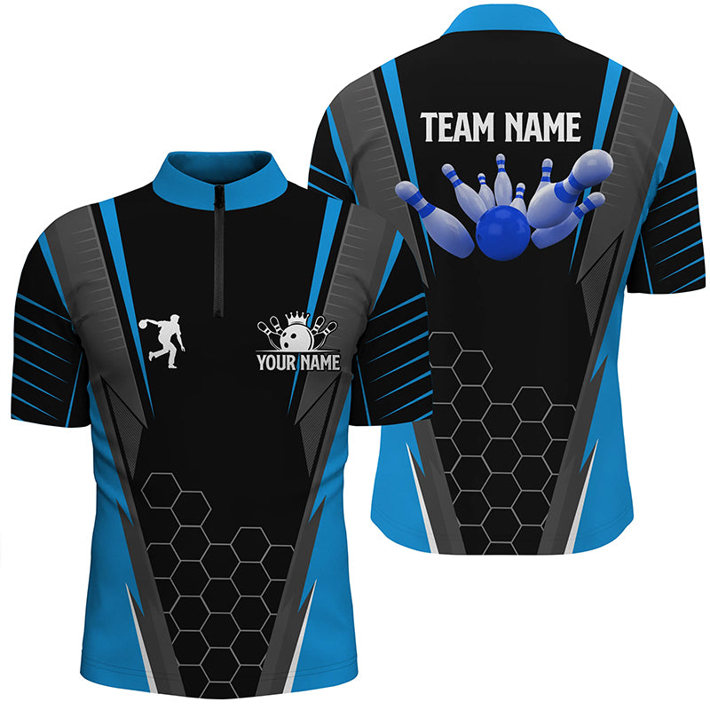 Black Men's Bowling Shirt Quarter-Zip Custom Name mens Bowlers Jersey, team bowling outfits | Blue NQS6133