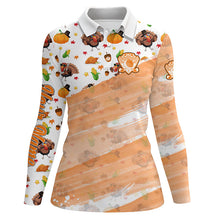 Load image into Gallery viewer, Women golf polo shirt custom white and orange Turkey Thanksgiving pattern golf attire for ladies NQS8698