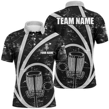 Load image into Gallery viewer, Mens disc golf polo shirt custom team name black camo disc golf basket personalized frisbee golf shirt NQS8701