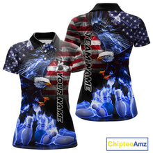 Load image into Gallery viewer, Smoke American Flag Eagle Blue Flame Bowling Shirts for Women Custom patriotic Team Bowling jerseys NQS10868