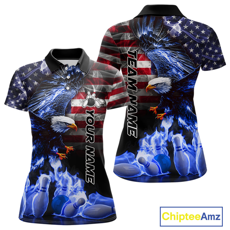 Smoke American Flag Eagle Blue Flame Bowling Shirts for Women Custom patriotic Team Bowling jerseys NQS10868