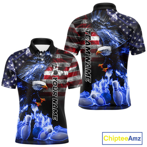Smoke American Flag Eagle Blue Flame Bowling Shirts for Men Custom patriotic Team Bowling jerseys NQS10868
