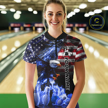 Load image into Gallery viewer, Smoke American Flag Eagle Blue Flame Bowling Shirts for Women Custom patriotic Team Bowling jerseys NQS10868