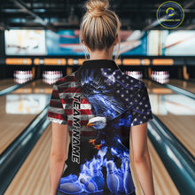 Load image into Gallery viewer, Smoke American Flag Eagle Blue Flame Bowling Shirts for Women Custom patriotic Team Bowling jerseys NQS10868