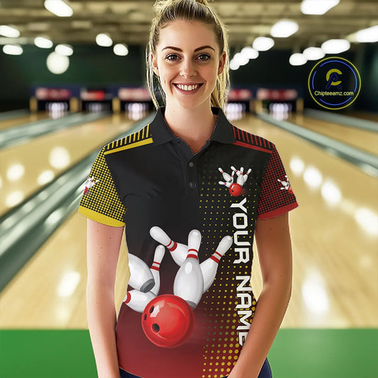 Yellow and Red pattern Bowling shirts For Women Custom Team Bowling Jerseys, Gift For Bowler NQS11243