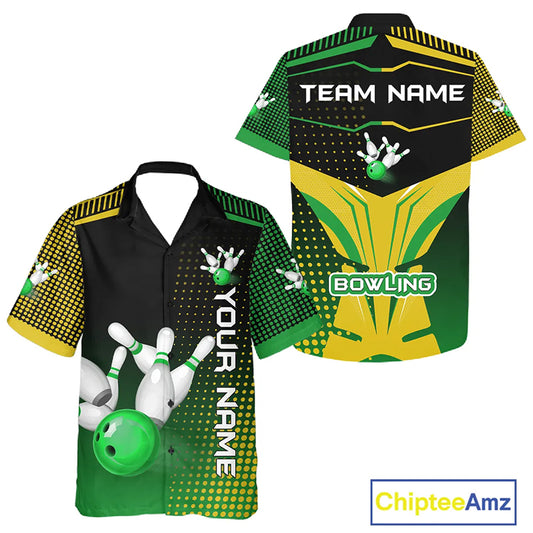 Yellow and Green pattern Bowling Hawaiian Shirt Custom Team Bowling Jerseys, Gift For Bowler NQS11244