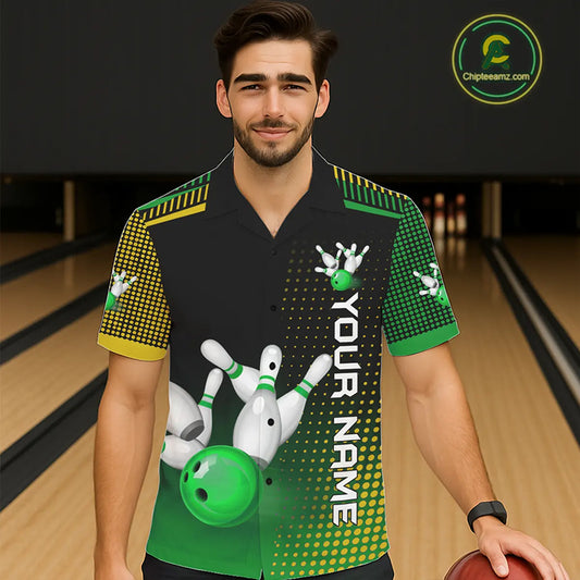 Yellow and Green pattern Bowling Hawaiian Shirt Custom Team Bowling Jerseys, Gift For Bowler NQS11244