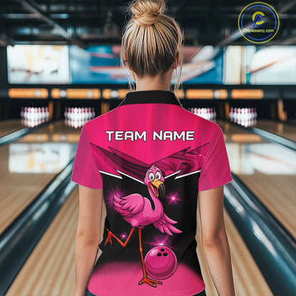 Funny Pink Flamingo Bowling Polo, 1/4 zip shirts for Women Custom Flamingo Team bowling outfit NQS11248
