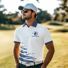 Load image into Gallery viewer, Blue and White Mens golf polo shirts custom golf attire for mens, personalized golf gifts NQS9376