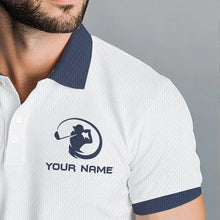 Load image into Gallery viewer, Blue and White Mens golf polo shirts custom golf attire for mens, personalized golf gifts NQS9376
