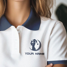 Load image into Gallery viewer, Blue and White Women golf polo shirts custom golf attire for ladies, personalized golf gifts NQS9376