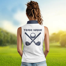 Load image into Gallery viewer, Blue and White Women sleeveless polo shirt custom golf attire for ladies, personalized golf gifts NQS9376