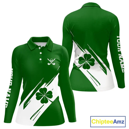 Womens golf polo shirts White and Green Shamrock custom St Patrick's Day team golf shirts for ladies NQS11639