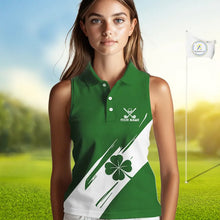 Load image into Gallery viewer, Women sleeveless polo shirt White and Green Shamrock custom St Patrick's Day team golf shirts NQS11639