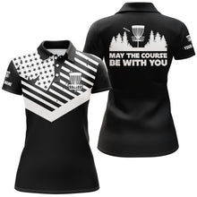 Load image into Gallery viewer, Black American flag Women disc golf polo custom May the course be with you disc golf shirts for womens NQS5928