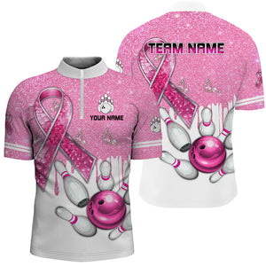 Pink ribbon glitter Bowling Shirts For Men Custom team bowling jerseys, breast cancer bowling shirts NQS8251