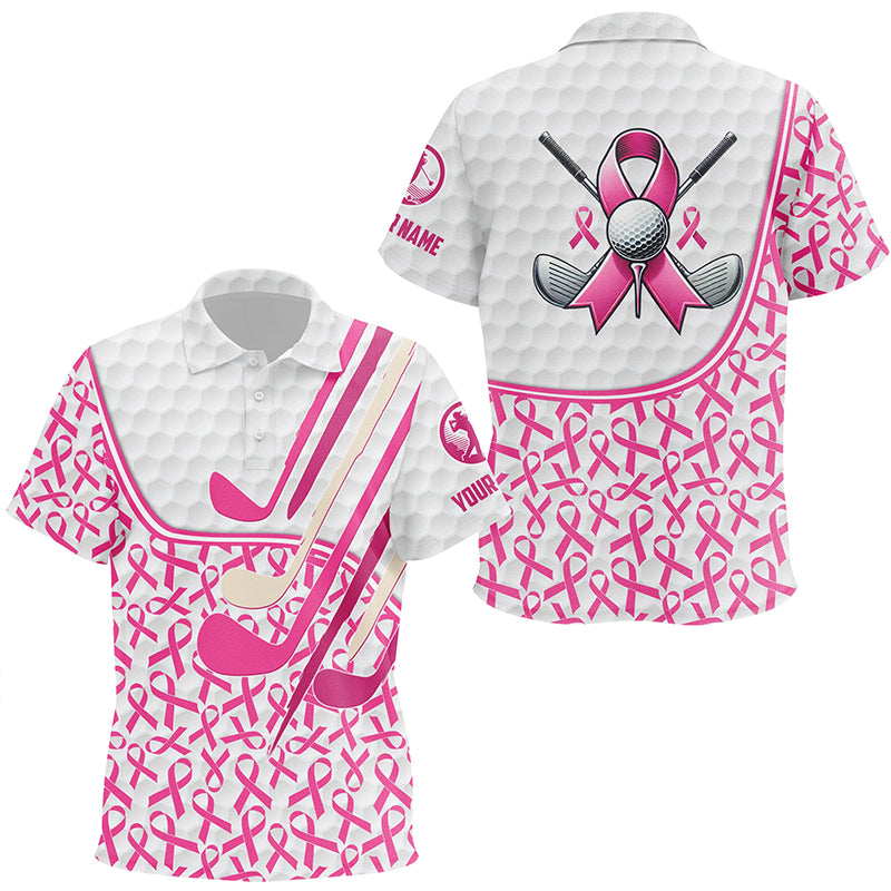 Personalized pink ribbons pattern golf clubs polo shirt for kid custom breast cancer golf shirts NQS8459