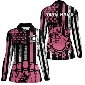 Pink American Flag Retro Bowling Polo, Quarter zip Shirt For Women custom breast cancer bowling jersey NQS8465