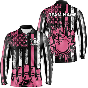 Pink American Flag Retro Bowling Polo, Quarter zip Shirt For Men custom breast cancer bowling jerseys NQS8465