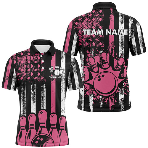 Pink American Flag Retro Bowling Polo, Quarter zip Shirt For Men custom breast cancer bowling jerseys NQS8465