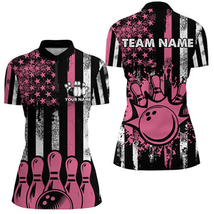 Pink American Flag Retro Bowling Polo, Quarter zip Shirt For Women custom breast cancer bowling jersey NQS8465