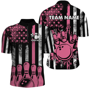 Pink American Flag Retro Bowling Polo, Quarter zip Shirt For Men custom breast cancer bowling jerseys NQS8465