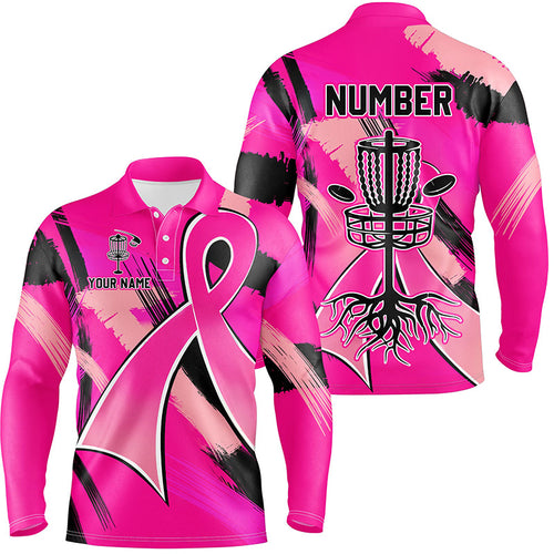 Pink ribbons Breast Cancer Mens disc golf polo shirt custom team breast cancer frisbee golf jersey NQS8702