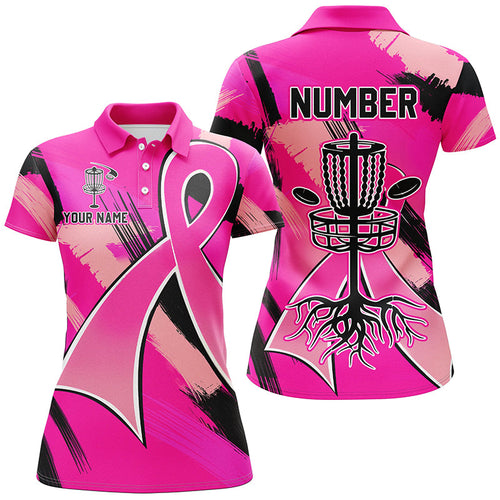 Pink ribbons Breast Cancer Womens disc golf polo shirt custom team breast cancer frisbee golf jersey NQS8702