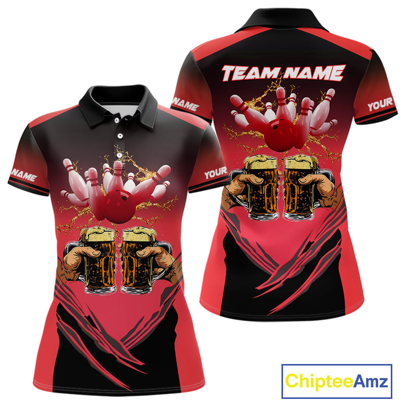 Bowling Beer Black and Red Bowling Polo, 1/4 Quarter zip shirts Custom Women Team Bowling jerseys NQS10873