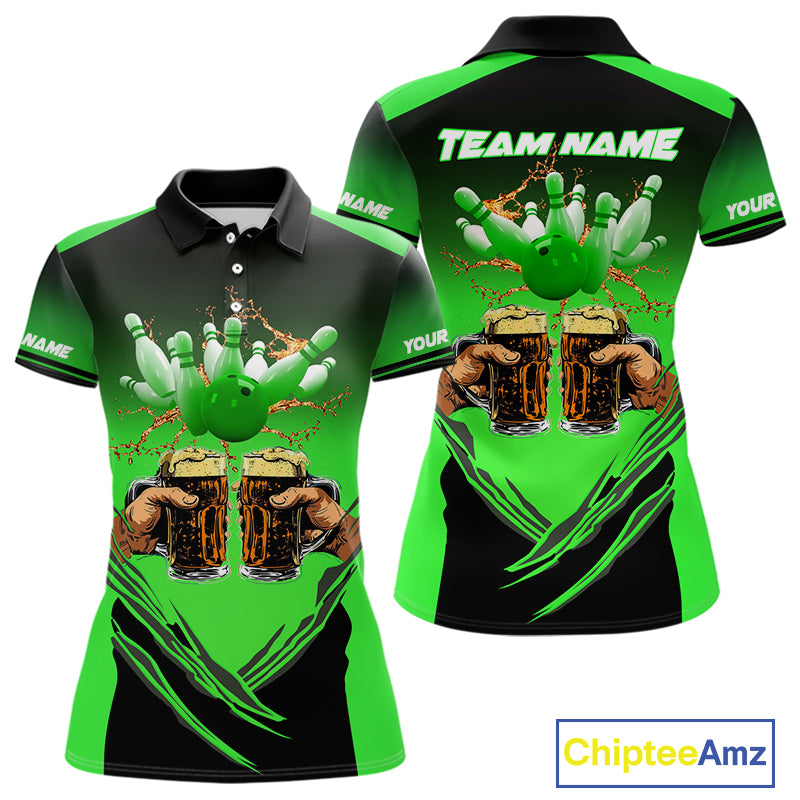 Bowling Beer Black and Green Bowling Polo, 1/4 Quarter zip shirts Custom Women Team Bowling jerseys NQS10874