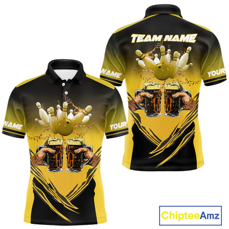 Bowling Beer Black and Yellow Bowling Polo, 1/4 Quarter zip shirts Custom Mens Team Bowling jerseys NQS10875