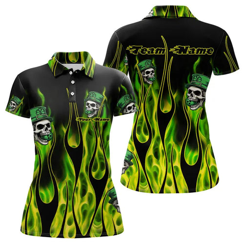 Green Flame clover skull St Patrick's Day Women bowling shirts Custom Lucky Bowling Team Jerseys NQS9379