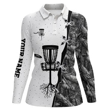 Load image into Gallery viewer, Women disc golf polo shirt black camo disc golf hole custom name disc golf team shirt, disc golf gifts NQS4730