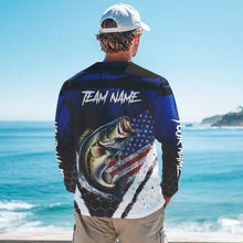 Load image into Gallery viewer, Largemouth Bass fishing American Flag Custom patriotic long sleeve team Bass fishing shirts | Blue NQS9529