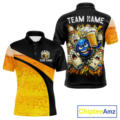 Custom Yellow Funny Beer Bowling Jersey for Men Bowling Uniform Polo & 1/4 Zip Bowling Team Shirts NQS11646