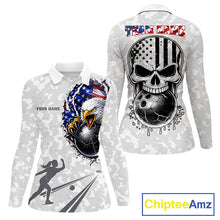 Load image into Gallery viewer, Personalized American Flag Skull Eagle Camo Bowling Team Shirts For Women, Patriotic Bowling Outfits NQS11648
