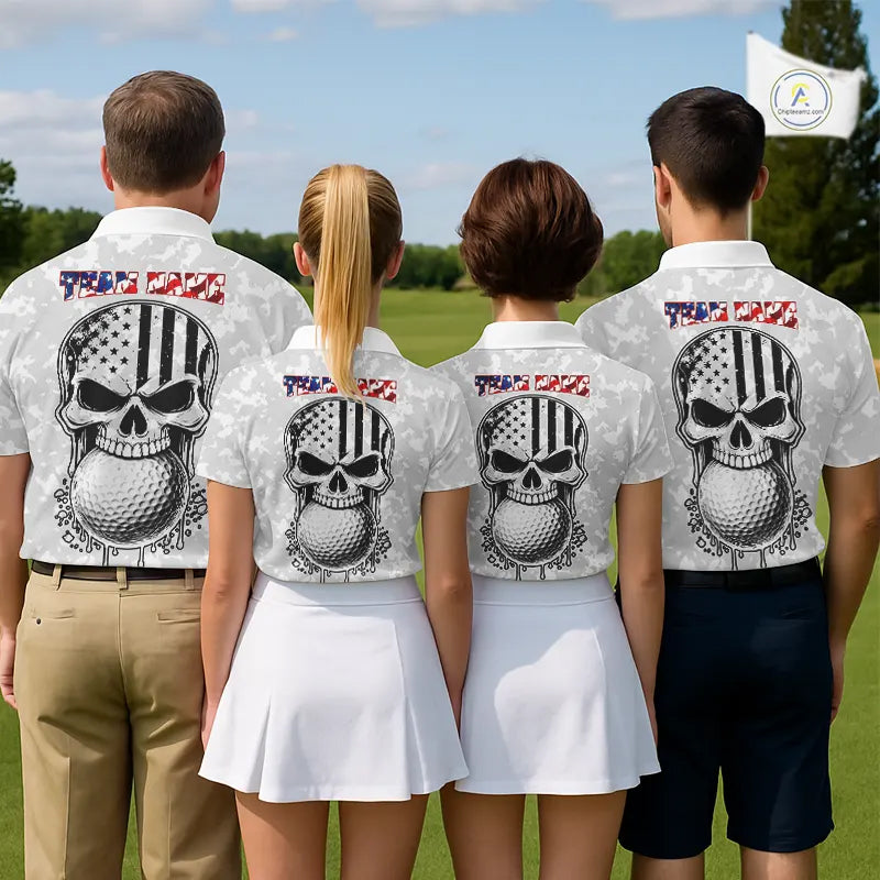 Personalized American Flag Skull Eagle Camo Golf Polo Shirts For Men, Patriotic Mens Golf Outfits NQS11649