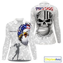 Load image into Gallery viewer, Personalized American Flag Skull Eagle Camo Golf Polo Shirts For Women, Patriotic Ladies Golf Outfits NQS11649