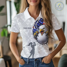 Load image into Gallery viewer, Personalized American Flag Skull Eagle Camo Golf Polo Shirts For Women, Patriotic Ladies Golf Outfits NQS11649