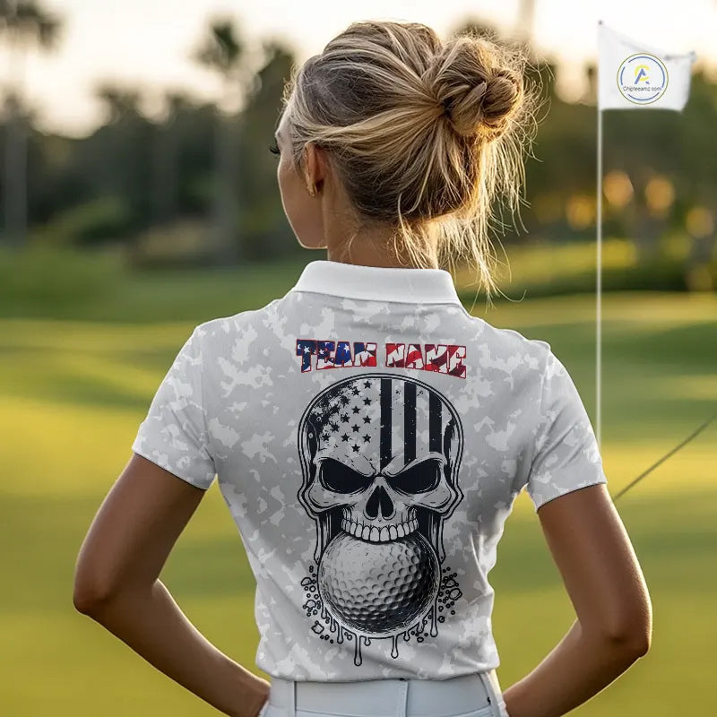 Personalized American Flag Skull Eagle Camo Golf Polo Shirts For Women, Patriotic Ladies Golf Outfits NQS11649