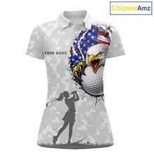 Load image into Gallery viewer, Personalized American Flag Skull Eagle Camo Golf Polo Shirts For Women, Patriotic Ladies Golf Outfits NQS11649