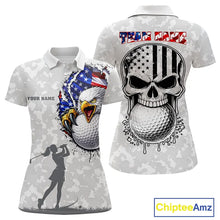 Load image into Gallery viewer, Personalized American Flag Skull Eagle Camo Golf Polo Shirts For Women, Patriotic Ladies Golf Outfits NQS11649