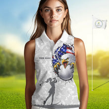 Load image into Gallery viewer, Personalized American Flag Skull Eagle Camo Sleeveless Golf Polo Shirt, Patriotic Ladies Golf Outfits NQS11649