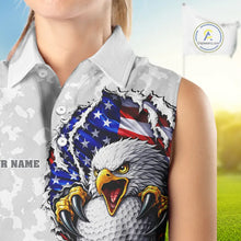 Load image into Gallery viewer, Personalized American Flag Skull Eagle Camo Sleeveless Golf Polo Shirt, Patriotic Ladies Golf Outfits NQS11649