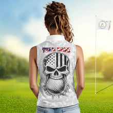 Load image into Gallery viewer, Personalized American Flag Skull Eagle Camo Sleeveless Golf Polo Shirt, Patriotic Ladies Golf Outfits NQS11649