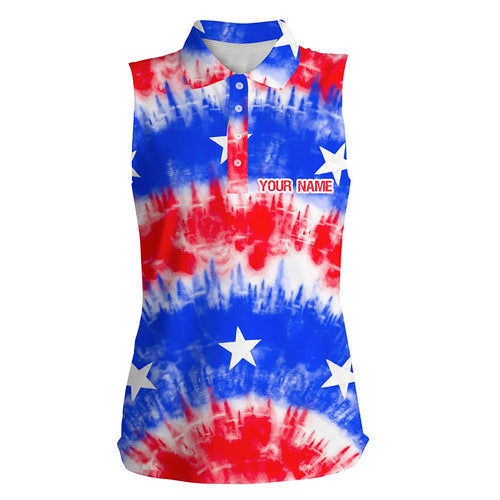 Red, white and blue tie dye American flag Womens sleeveless polo shirts custom team golf shirts ladies NQS5466