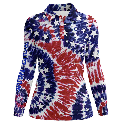 Red, white, and blue American flag tie dye Womens golf polo shirts custom patriotic team golf shirts NQS5469